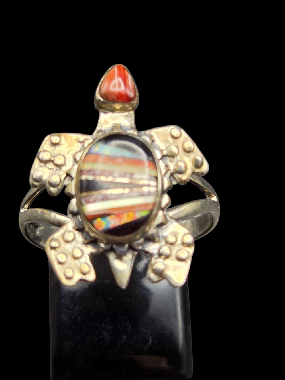 Handcrafted Turtle Ring with Multicolor Inlay and Red Spiny Oyster Accent 9